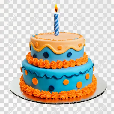 a birthday cake, 3 layers, blue, orange, isolated on white background