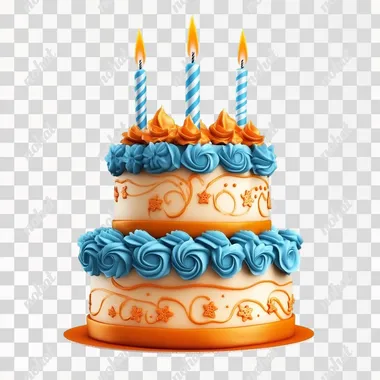 a birthday cake, 3 layers, blue, orange, isolated on white background