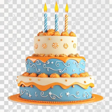 a birthday cake, 3 layers, blue, orange, isolated on white background