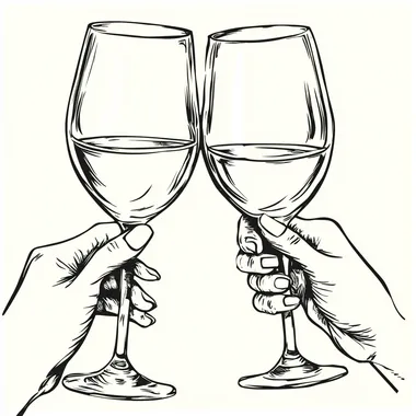outlines of 2 clinking glasses of wine held in women hands