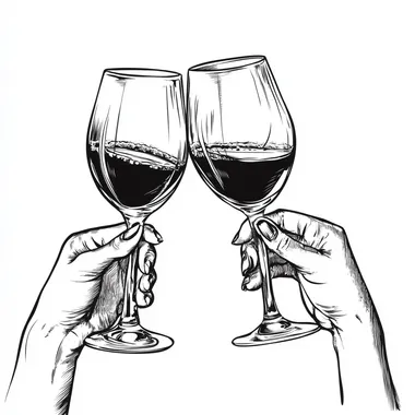 outlines of 2 clinking glasses of wine held in women hands