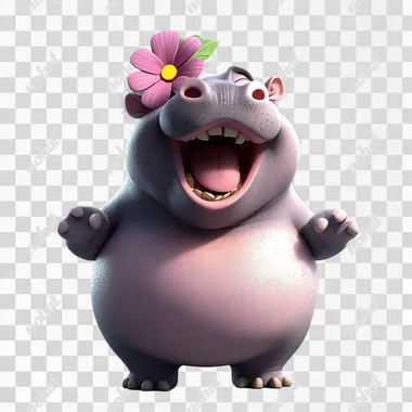 a cartoon female hippo with a flower on her head, singing in front, front view, medium shot
