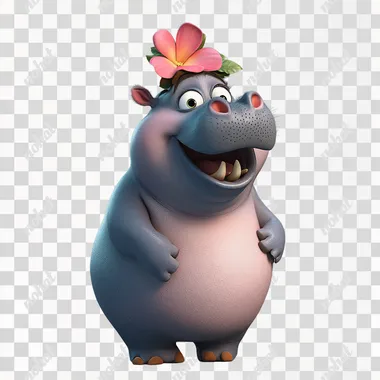 a cartoon female hippo with a flower on her head, singing in front, front view, medium shot