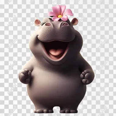 a cartoon female hippo with a flower on her head, singing in front, front view, medium shot