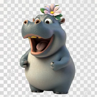 a cartoon female hippo with a flower on her head, singing in front, front view, medium shot