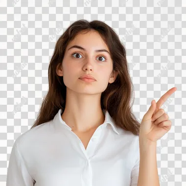 image of a woman pointing to the exit or to the side without a background