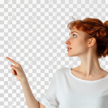 image of a woman pointing to the exit or to the side without a background