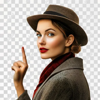 image of a woman pointing to the exit or to the side without a background