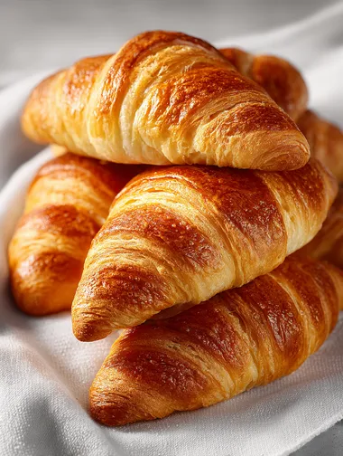 A professional product photo, featuring golden croissants placed against a light background of white, with natural light highlighting the rich colors and delicate crusts of each baguette. High-resolution, high-definition, macro photography, commercial advertisement shooting.