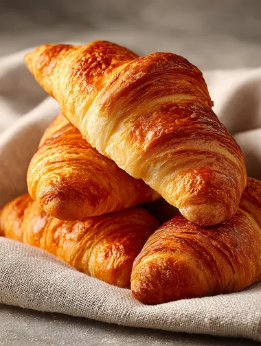 A professional product photo, featuring golden croissants placed against a light background of white, with natural light highlighting the rich colors and delicate crusts of each baguette. High-resolution, high-definition, macro photography, commercial advertisement shooting.