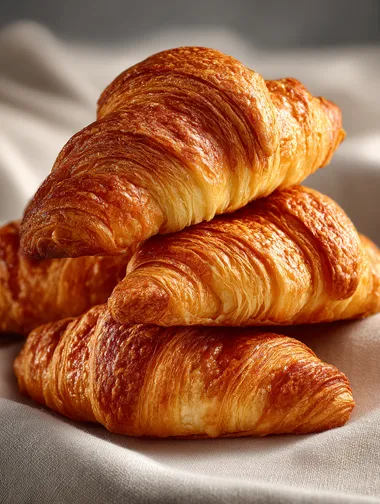 A professional product photo, featuring golden croissants placed against a light background of white, with natural light highlighting the rich colors and delicate crusts of each baguette. High-resolution, high-definition, macro photography, commercial advertisement shooting.