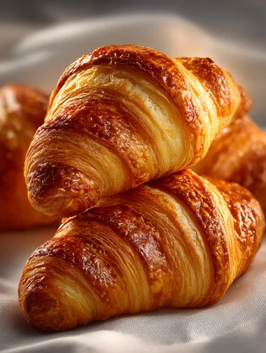 A professional product photo, featuring golden croissants placed against a light background of white, with natural light highlighting the rich colors and delicate crusts of each baguette. High-resolution, high-definition, macro photography, commercial advertisement shooting.