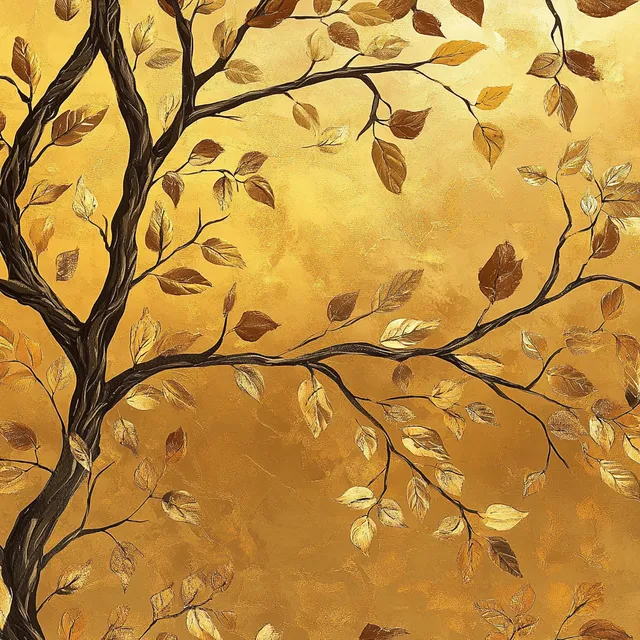 a painting of a tree with leaves blowing in the wind