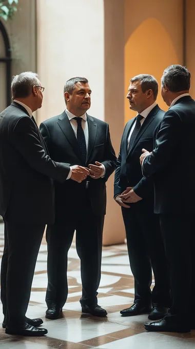 A group of four politicians from visegrad four, Orban, Fico, Fiala and Tusk in formal suits engaged in a diplomatic or political discussion, standing closely together in a friendly yet strategic posture. They are dressed in dark suits with ties, looking engaged in conversation. One of them is lightly obese. The background features a clean, professional environment with soft daylight casting even, natural shadows. The setting appears to be an outdoor press event or a diplomatic gathering with a neutral yet formal backdrop. The lighting is realistic and well-balanced, emphasizing facial expressions and the texture of suits, creating a photorealistic, high-detail composition. Cinematic.