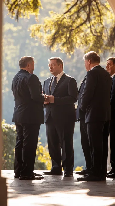 A group of four politicians from visegrad four, Orban, Fico, Fiala and Tusk in formal suits engaged in a diplomatic or political discussion, standing closely together in a friendly yet strategic posture. They are dressed in dark suits with ties, looking engaged in conversation. One of them is lightly obese. The background features a clean, professional environment with soft daylight casting even, natural shadows. The setting appears to be an outdoor press event or a diplomatic gathering with a neutral yet formal backdrop. The lighting is realistic and well-balanced, emphasizing facial expressions and the texture of suits, creating a photorealistic, high-detail composition. Cinematic.