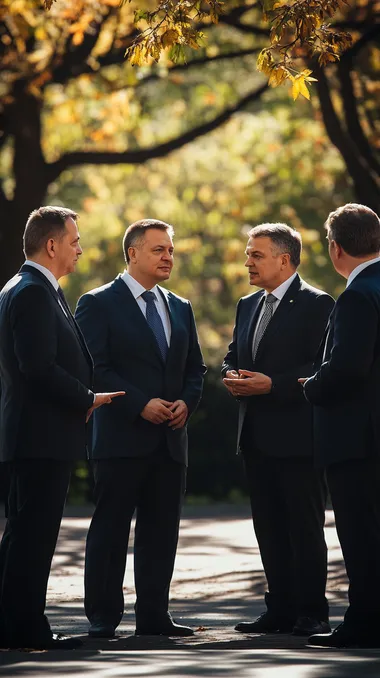 A group of four politicians from visegrad four, Orban, Fico, Fiala and Tusk in formal suits engaged in a diplomatic or political discussion, standing closely together in a friendly yet strategic posture. They are dressed in dark suits with ties, looking engaged in conversation. One of them is lightly obese. The background features a clean, professional environment with soft daylight casting even, natural shadows. The setting appears to be an outdoor press event or a diplomatic gathering with a neutral yet formal backdrop. The lighting is realistic and well-balanced, emphasizing facial expressions and the texture of suits, creating a photorealistic, high-detail composition. Cinematic.