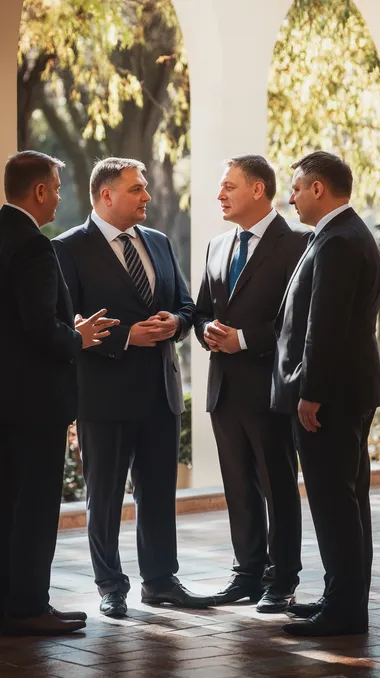 A group of four politicians from visegrad four, Orban, Fico, Fiala and Tusk in formal suits engaged in a diplomatic or political discussion, standing closely together in a friendly yet strategic posture. They are dressed in dark suits with ties, looking engaged in conversation. One of them is lightly obese. The background features a clean, professional environment with soft daylight casting even, natural shadows. The setting appears to be an outdoor press event or a diplomatic gathering with a neutral yet formal backdrop. The lighting is realistic and well-balanced, emphasizing facial expressions and the texture of suits, creating a photorealistic, high-detail composition. Cinematic.