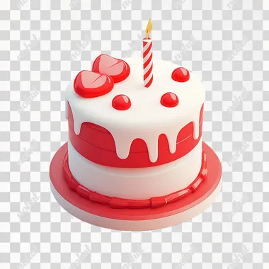 3D icon of a birthday cake, simple design, white background, red and white colors, colorful, cartoon style, game art style, isometric view, low-poly model, high resolution, created in Blender, Unreal Engine, and Octane Render, with high detail and contrast, and bright color tones of red and white
