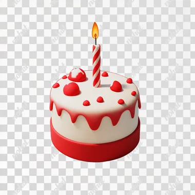 3D icon of a birthday cake, simple design, white background, red and white colors, colorful, cartoon style, game art style, isometric view, low-poly model, high resolution, created in Blender, Unreal Engine, and Octane Render, with high detail and contrast, and bright color tones of red and white