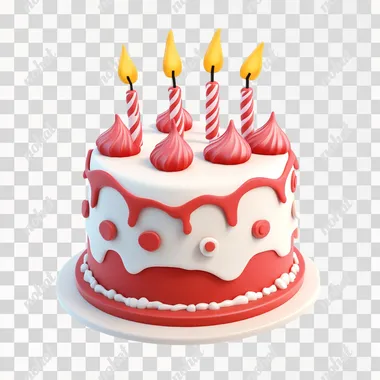 3D icon of a birthday cake, simple design, white background, red and white colors, colorful, cartoon style, game art style, isometric view, low-poly model, high resolution, created in Blender, Unreal Engine, and Octane Render, with high detail and contrast, and bright color tones of red and white