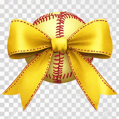 Cute softball-themed bow illustration, stitched like a real softball with red seams, yellow satin texture, personalized text on one ribbon, high-resolution vector art, for girls softball team wear or fan merch, clean background