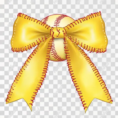 Cute softball-themed bow illustration, stitched like a real softball with red seams, yellow satin texture, personalized text on one ribbon, high-resolution vector art, for girls softball team wear or fan merch, clean background