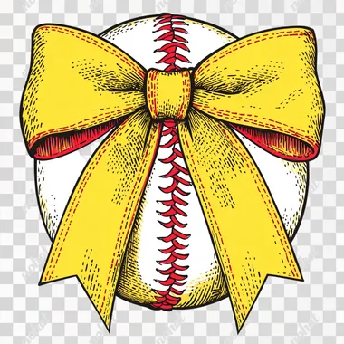 Cute softball-themed bow illustration, stitched like a real softball with red seams, yellow satin texture, personalized text on one ribbon, high-resolution vector art, for girls softball team wear or fan merch, clean background