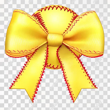 Cute softball-themed bow illustration, stitched like a real softball with red seams, yellow satin texture, personalized text on one ribbon, high-resolution vector art, for girls softball team wear or fan merch, clean background