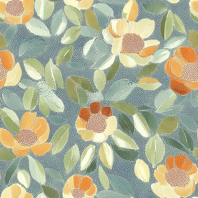 Pointillist Patterns: Coral and Mint on Muted Blue-Grey Canvas