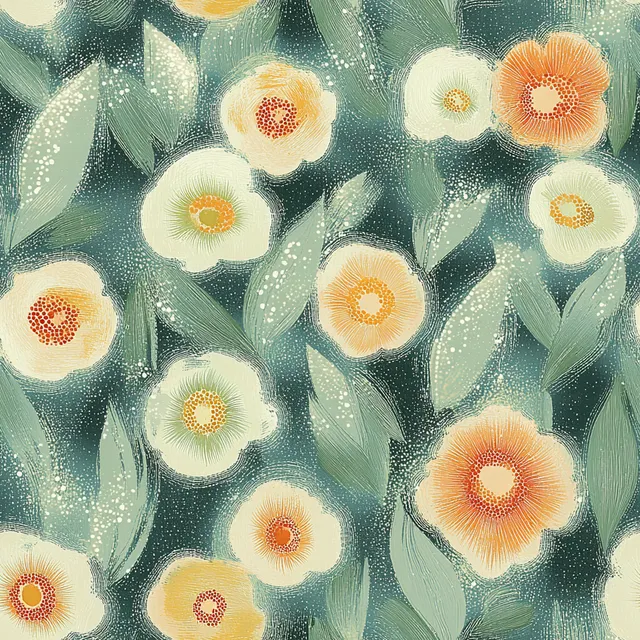 Coral and Mint Pointillist Pattern on Soft Blue-Grey Canvas
