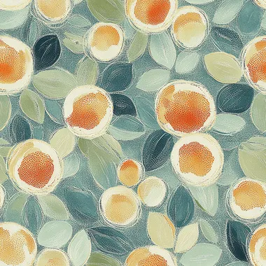 Minuscule - sized pointillist seamless pattern with tiny dots of coral - orange and mint - green creating circular designs on a muted blue - grey background.  --s 750