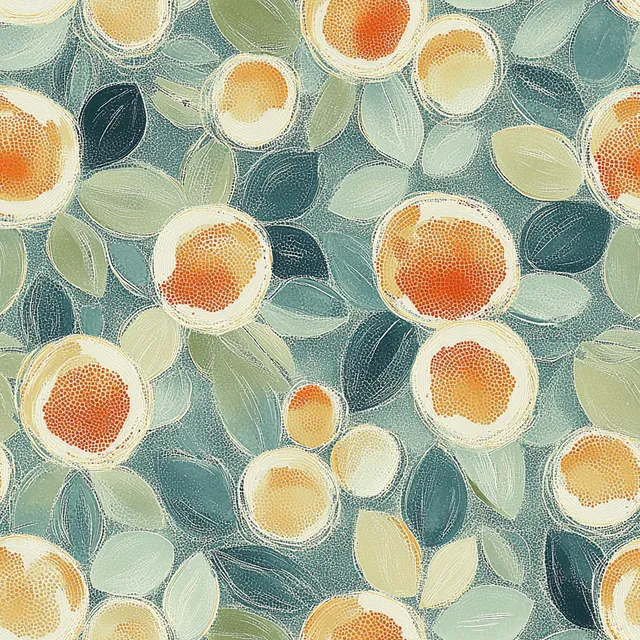 Pointillist Patterns: Coral and Mint on Muted Blue-Grey Canvas