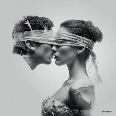 create a image of the concept "love is blind" very emotional, surrealistic hyperrealistic, photography, photoshop, black and white, white background --raw
