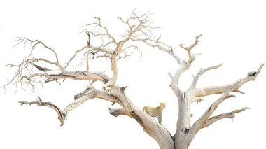 photo of a huge dead leadwood tree with big branches in, leopard standing the tree looking towards camera, high key, white background, detailed photo, intricate details, photo quality, minimalistic, zoom out  rofile 135qk9e