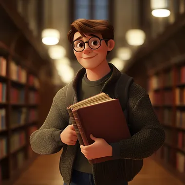 a 3d pixar illustration showing a teenager male student holding his books, smart young man, cheerful atmosphere, disney style