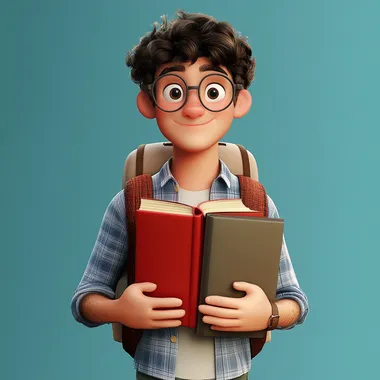 a 3d pixar illustration showing a teenager male student holding his books, smart young man, cheerful atmosphere, disney style