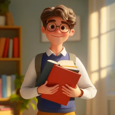 a 3d pixar illustration showing a teenager male student holding his books, smart young man, cheerful atmosphere, disney style