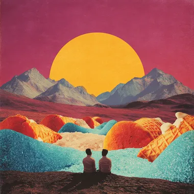 Striking Collage Graphic Masterpiece: Modern Ink Art Fusion Pixelated popsicle twin suns rising over a desert made of glittering powdered sugar and shifting cupcake dunes.