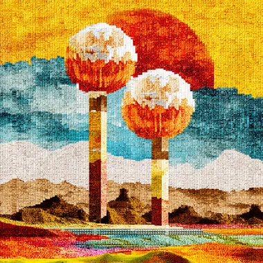 Striking Collage Graphic Masterpiece: Modern Ink Art Fusion Pixelated popsicle twin suns rising over a desert made of glittering powdered sugar and shifting cupcake dunes.