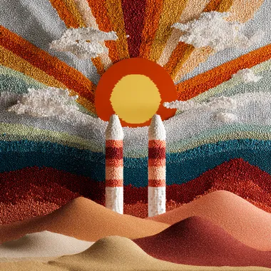 Striking Collage Graphic Masterpiece: Modern Ink Art Fusion Pixelated popsicle twin suns rising over a desert made of glittering powdered sugar and shifting cupcake dunes.