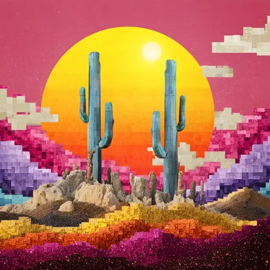 Striking Collage Graphic Masterpiece: Modern Ink Art Fusion Pixelated popsicle twin suns rising over a desert made of glittering powdered sugar and shifting cupcake dunes.