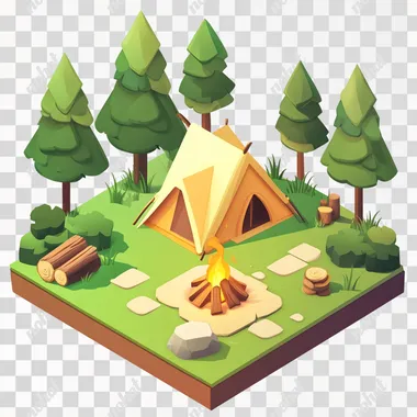 camping site with campfire and tent in the style of duolingo on a white background