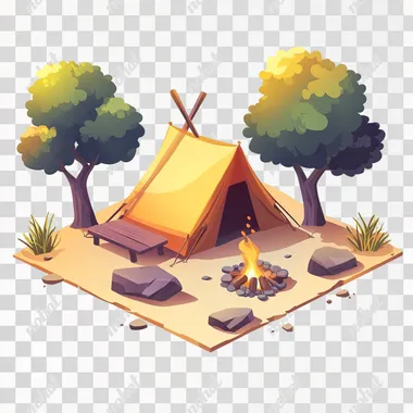 camping site with campfire and tent in the style of duolingo on a white background
