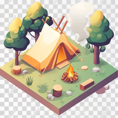 camping site with campfire and tent in the style of duolingo on a white background