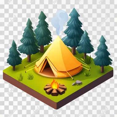 camping site with campfire and tent in the style of duolingo on a white background