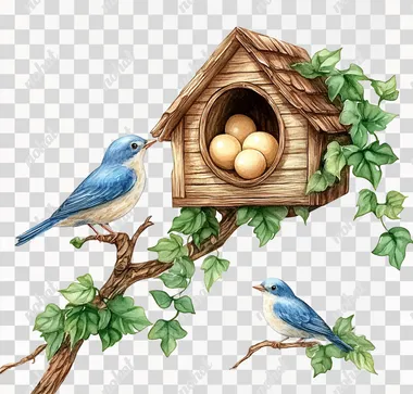 A bird house with eggs, perched on an ivy-covered branch. A bluebird is sitting nearby. Clipart in the style of Handmade watercolor art, isolated on a white background, without shadows and light effects.