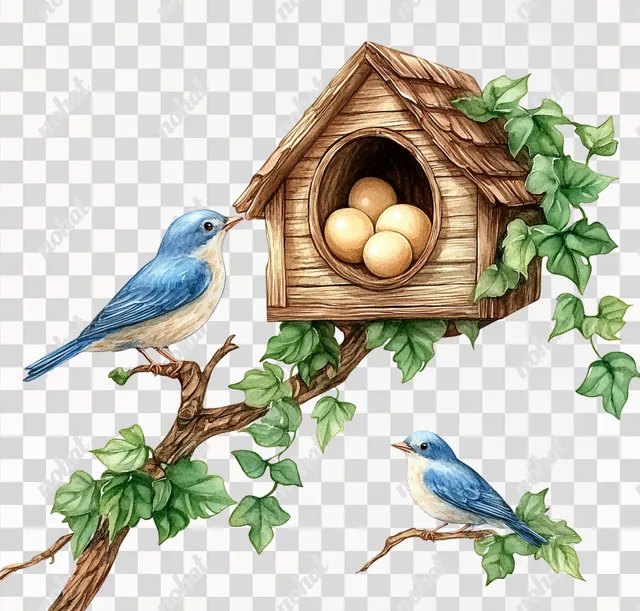 PNG Handmade Watercolor Birdhouse with Eggs and Bluebirds