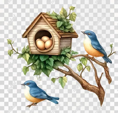A bird house with eggs, perched on an ivy-covered branch. A bluebird is sitting nearby. Clipart in the style of Handmade watercolor art, isolated on a white background, without shadows and light effects.