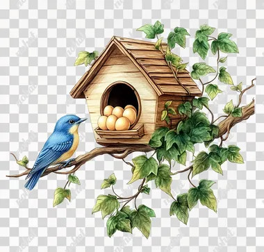 A bird house with eggs, perched on an ivy-covered branch. A bluebird is sitting nearby. Clipart in the style of Handmade watercolor art, isolated on a white background, without shadows and light effects.
