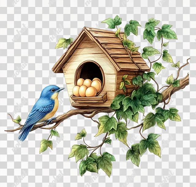 PNG Handmade Watercolor Art of a Bluebird and Birdhouse with Eggs